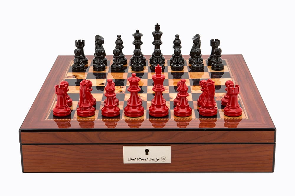 Dal Rossi Italy Walnut Finish chess box with lock & compartments 16” with French Lardy Black/Red 85mm Chessmen - L4270DR-0