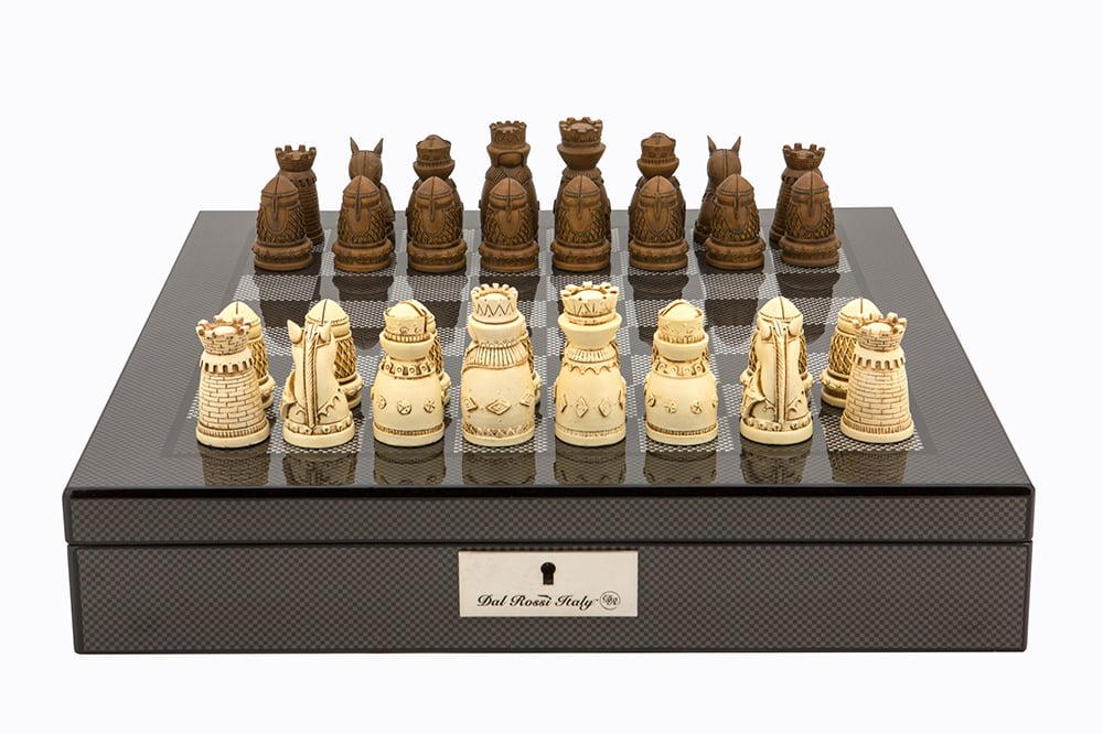 Dal Rossi Italy Carbon Fibre Shiny Finish chess box with compartments 16” with Medieval Resin Chessmen - L4406DR-0