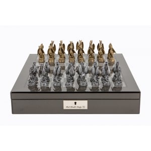 Dal Rossi Italy Carbon Fibre Shiny Finish chess box with compartments 16” with Dragon Pewter 80mm Chessmen - L44223DR-0