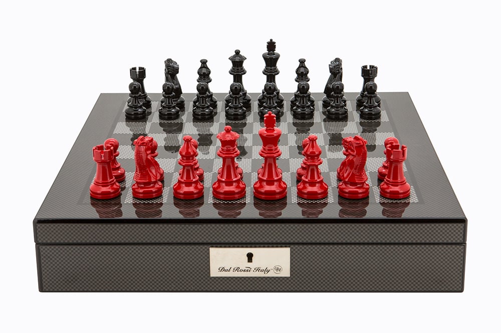 Dal Rossi Italy Carbon Fibre Shiny Finish chess box with compartments 16” With French Lardy Black/Red 85mm Chessmen - L4470DR-0