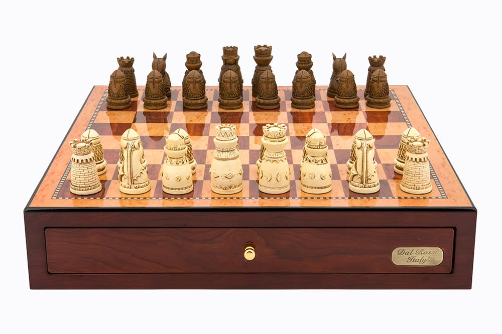 Dal Rossi Italy Red Mahogany Finish chess box with compartments 18" with Medieval Resin Chessmen. Product code: L4606DR-0