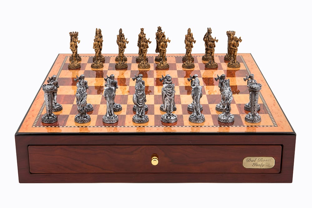 Dal Rossi Italy Red Mahogany Finish chess box with compartments 18" with Medieval Pewter 80mm Chessmen. Product code: L46222DR-0
