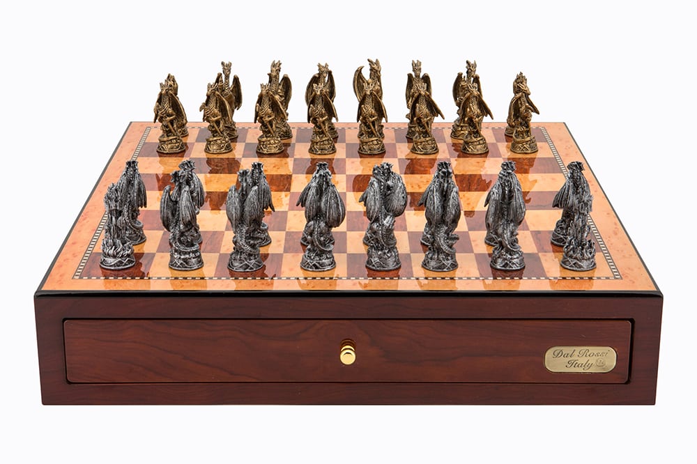Dal Rossi Italy Red Mahogany Finish chess box with compartments 18" with Dragon Pewter 80mm Chessmen. Product code: L46223DR-0