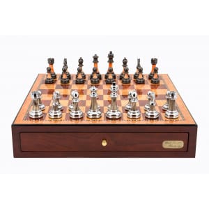 Dal Rossi Italy Red Mahogany Finish chess box with compartments 18” with Metal/Marble Finish 95mm Chessmen - L4626DR-0