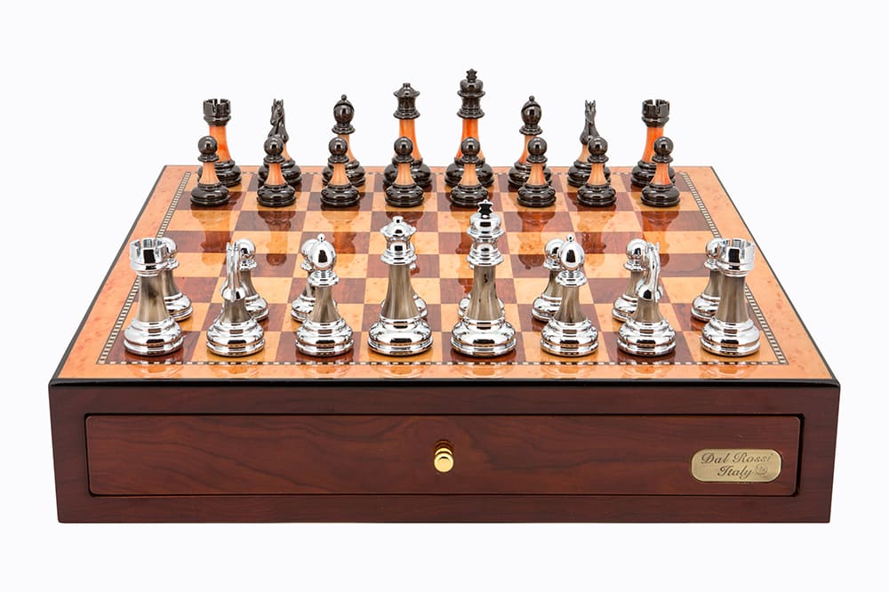 Dal Rossi Italy Red Mahogany Finish chess box with compartments 18” with Metal/Marble Finish 95mm Chessmen - L4626DR-0