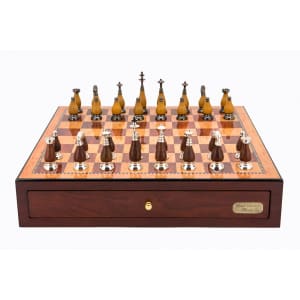 Dal Rossi Italy Red Mahogany Finish chess box with compartments 18" with Staunton Metal/Wood Chessmen 85mm king. Product code: L4636DR-0
