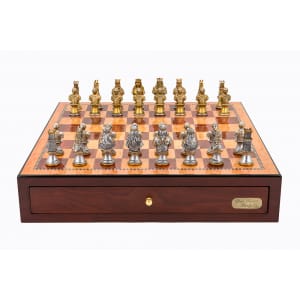 Dal Rossi Italy Red Mahogany Finish chess box with compartments 18" with Medieval Warriors Resin 75mm Chessmen. Product code: L4638DR-0