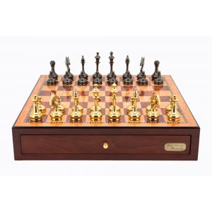 Dal Rossi Italy Red Mahogany Finish chess box with compartments 18" with Staunton Brass Titanium Cap 75mm Chessmen. Product code: L4652DR-0