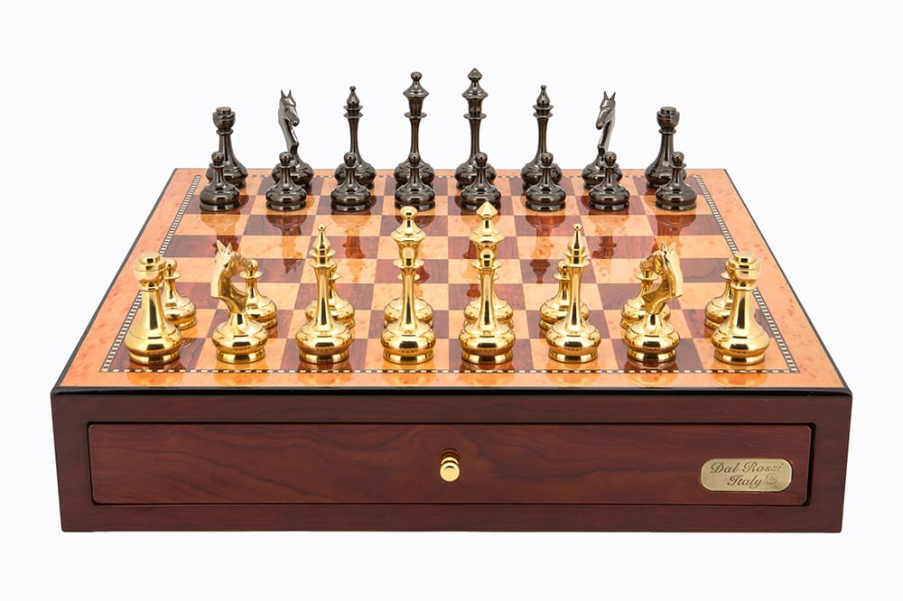 Dal Rossi Italy Red Mahogany Finish chess box with compartments 18" with Staunton Brass Titanium Cap 75mm Chessmen. Product code: L4652DR-0