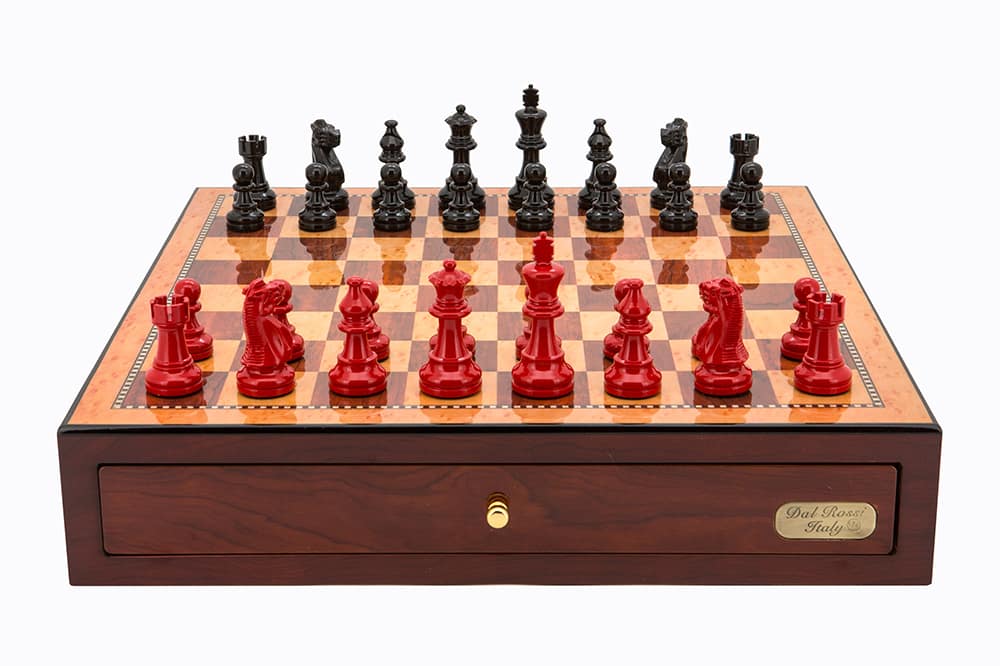 Dal Rossi Italy Red Mahogany Finish chess box with compartments 18" with French Lardy Black/Red 85mm Chessmen Product code: L4670DR-0