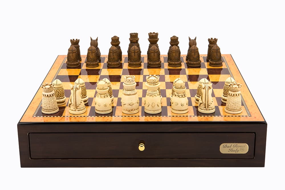 Dal Rossi Italy Walnut Finish chess box with compartments 18" with Medieval Resin Chessmen - L4706DR-0