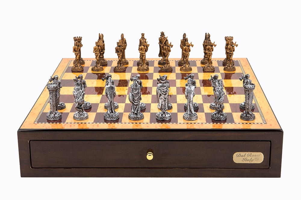Dal Rossi Italy Walnut Finish chess box with compartments 18" with Medieval Pewter 80mm Chessmen - L47222DR-0