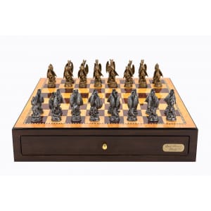 Dal Rossi Italy Walnut Finish chess box with compartments 18" with Dragon Pewter 80mm Chessmen - L47223DR-0