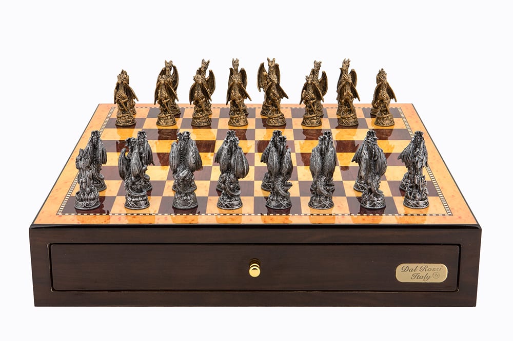 Dal Rossi Italy Walnut Finish chess box with compartments 18" with Dragon Pewter 80mm Chessmen - L47223DR-0