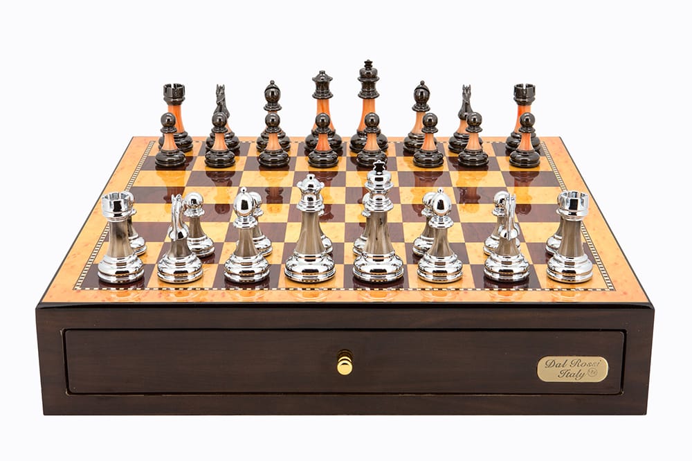 Dal Rossi Italy Walnut Finish chess box with compartments 18” with Metal/Marble Finish 95mm Chessmen - L4726DR-0