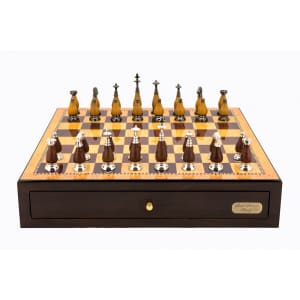 Dal Rossi Italy Walnut Finish chess box with compartments 18" with Staunton Metal/Wood Finish 85mm Chessmen - L4736DR-0