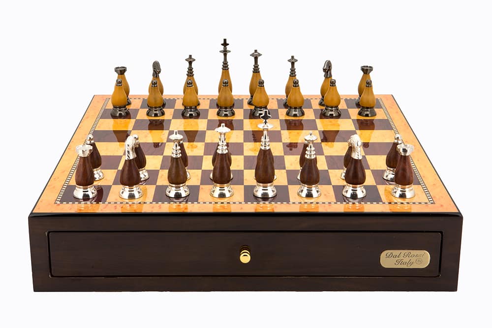 Dal Rossi Italy Walnut Finish chess box with compartments 18" with Staunton Metal/Wood Finish 85mm Chessmen - L4736DR-0