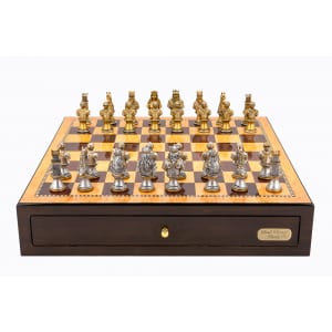 Dal Rossi Italy Walnut Finish chess box with compartments 18" with Medieval Warriors Resin 75mm Chessmen - L4738DR-0