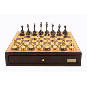 Dal Rossi Italy Walnut Finish chess box with compartments 18" with Staunton Brass Titanium Cap 75mm Chessmen - L4752DR-0