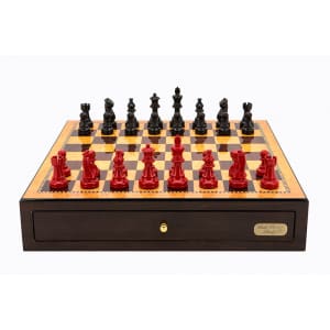 Dal Rossi Italy Walnut Finish chess box with compartments 18" with French Lardy Black/Red 85mm Chessmen - L4770DR-0