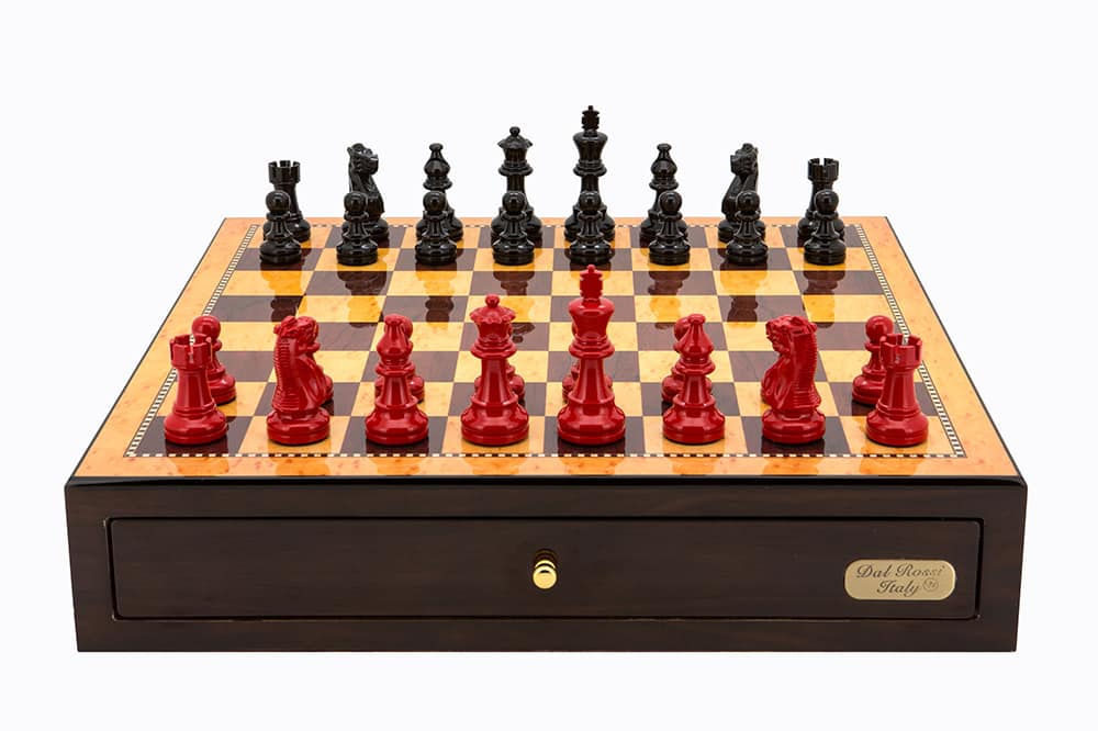 Dal Rossi Italy Walnut Finish chess box with compartments 18" with French Lardy Black/Red 85mm Chessmen - L4770DR-0