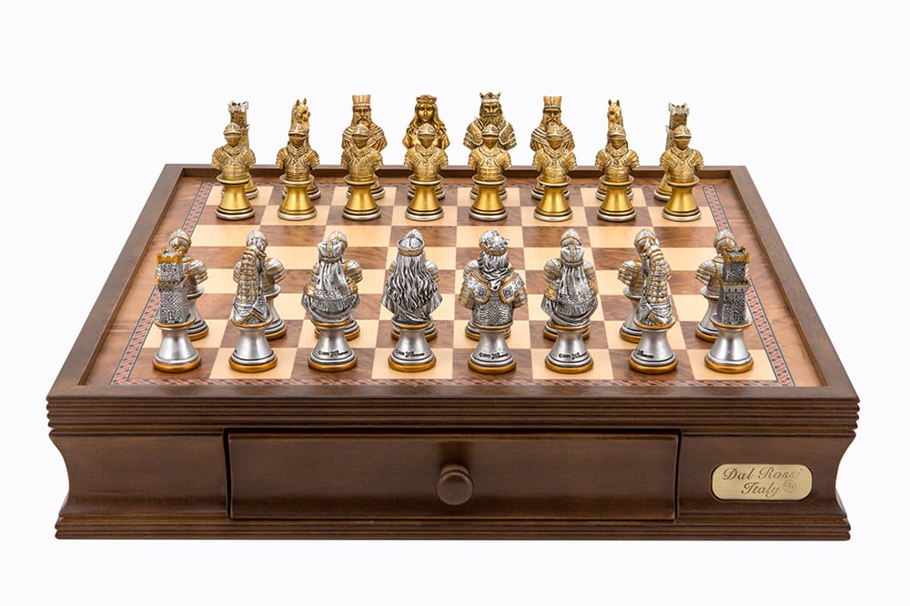 Dal Rossi Italy chess box with drawers 16” With Medieval Warriors Resin 75mm Chessmen - L4838DR-0