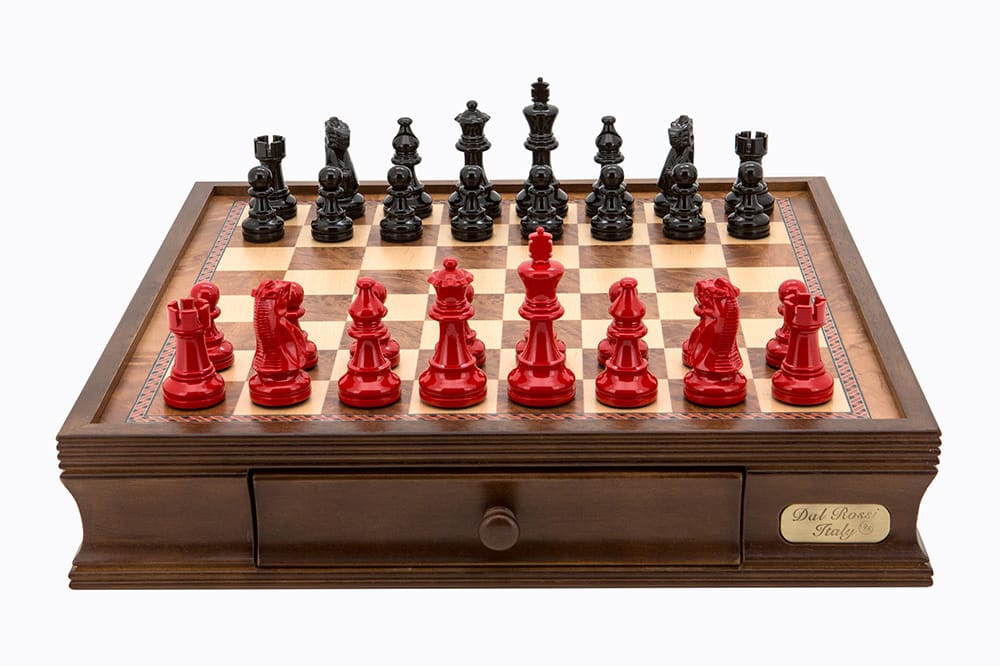 Dal Rossi Italy chess box with drawers 16” With French Lardy Black/Red 85mm Chessmen - L4870DR-0
