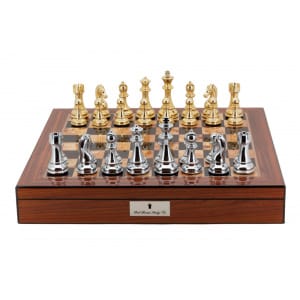 Dal Rossi Italy Gold / Silver Chessmen set on a Walnut Shiny Finish Chess Box 20” with compartments -0