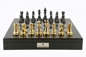 Dal Rossi Italy Gold and Silver Double Weighted Chessmen set on a Carbon Fibre Shiny Finish Chess Box 20” with compartments PLEASE NOTE CHESS PIECES ARE GOLD AND SILVER-0