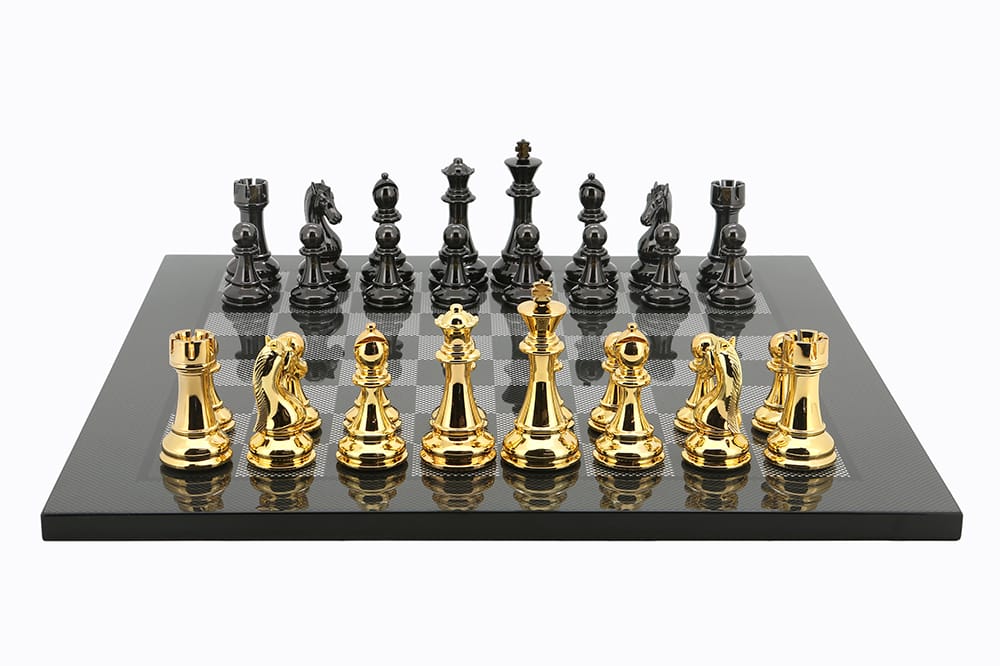 Dal Rossi Italy Chess Set, 50cm Carbon Fibre Finish Chess Board With Gold and Silver Weighted Chess Pieces (101mm) PLEASE NOTE CHESS PIECES ARE GOLD AND SILVER-0
