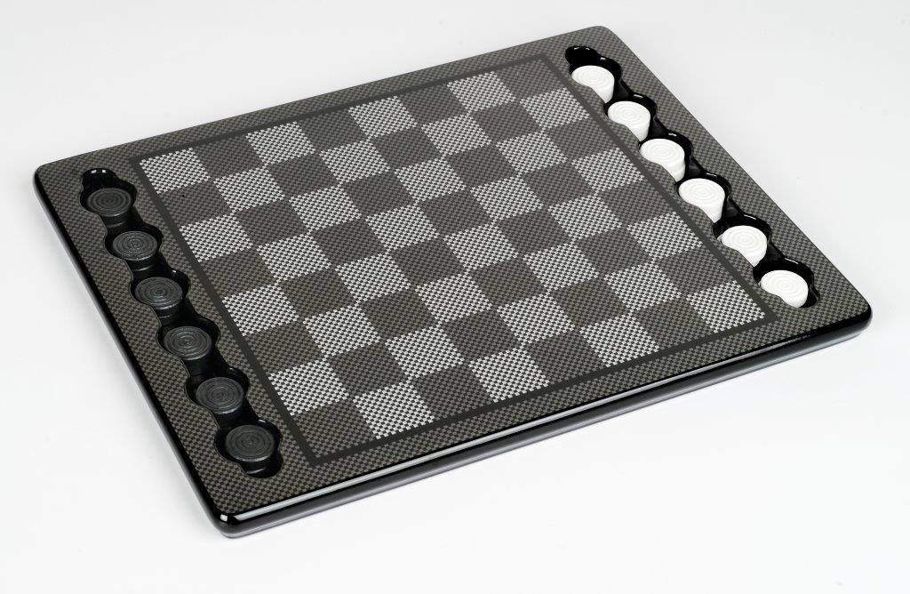 Dal Rossi Italy Carbon Fibre Finish Checkers Set, board and pieces-0
