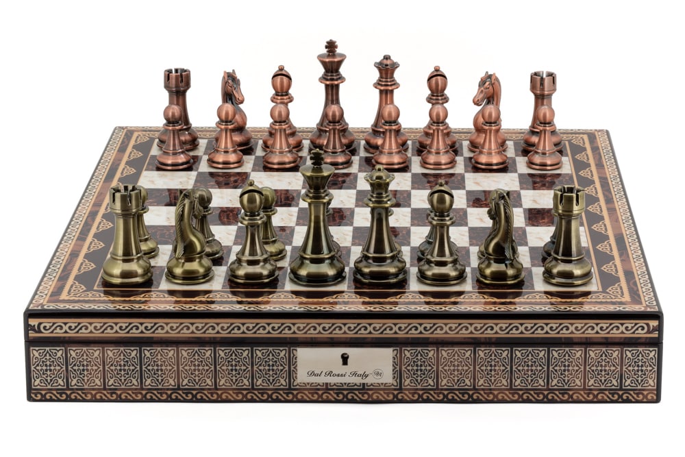 Dal Rossi Italy Chess Box Mosaic Finish 20" with compartments with Copper / Bronze Finish 101mm Double Weighted Chess Pieces-0