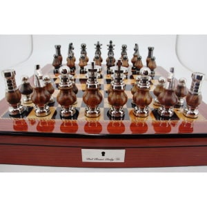 Dal Rossi LARGE Metal Wood Chess Set With compartments 20" Walnut Finish-1982