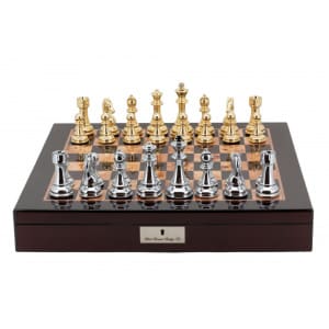 Dal Rossi Italy Chess Box Mahogany Finish 20" with compartments Gold and Silver 101mm Double Weighted Chess Pieces -0