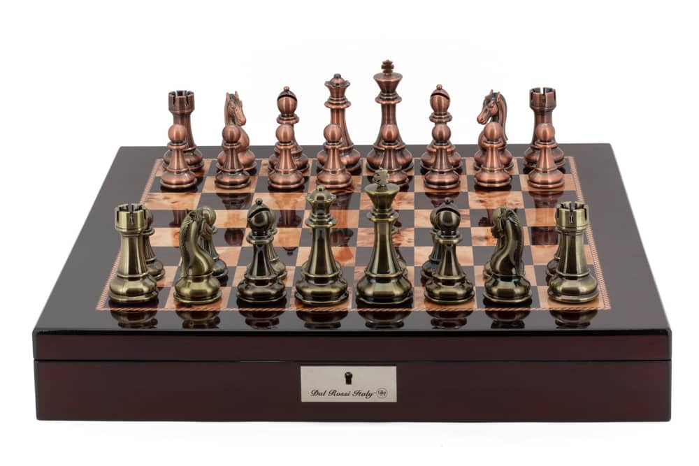 Dal Rossi Italy Chess Box Mahogany Finish 20" with compartments Bronze & Copper Finish 101mm Double Weighted Chess Pieces-0