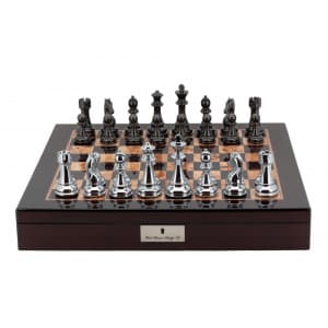 Dal Rossi Italy Chess Box Mahogany Finish 20" with compartments Silver & Titanium 101mm Double Weighted Chess Pieces-0