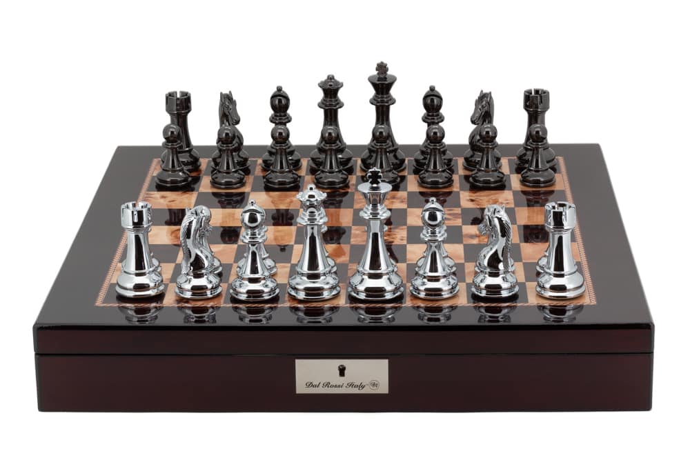Dal Rossi Italy Chess Box Mahogany Finish 20" with compartments Silver & Titanium 101mm Double Weighted Chess Pieces-0