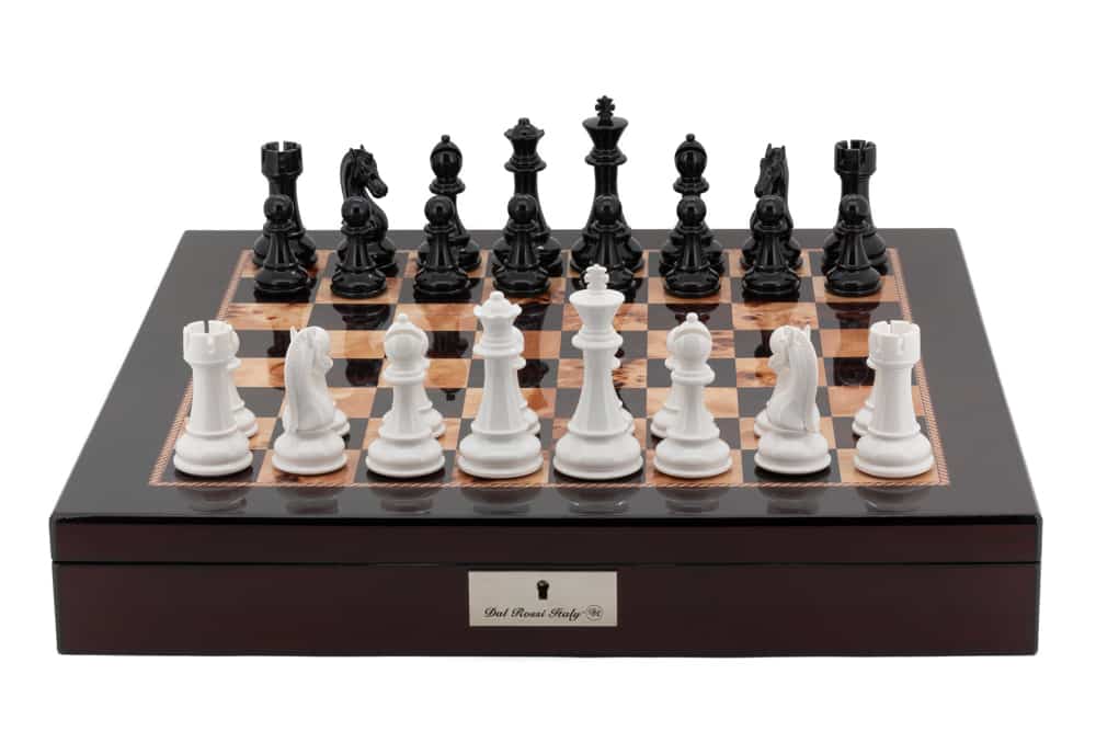 Dal Rossi Italy Chess Box Mahogany Finish 20" with compartments with Black & White Double Weighted Chess Pieces-0