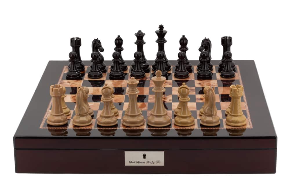 Dal Rossi Italy Chess Box Mahogany Finish 20" with compartments with Dark Cherry and Box Wood Finish 101mm Double Weighted Chess Pieces-0
