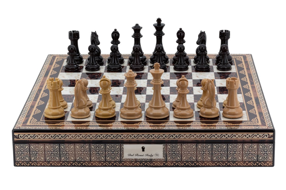Dal Rossi Italy Chess Box Mosaic Finish 20" with compartments with Dark Cherry and Box Wood Finish 101mm Chess pieces-0
