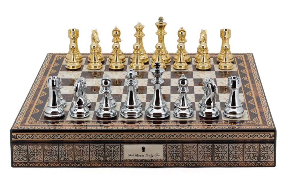 Dal Rossi Italy Chess Box Mosaic Finish 20" with compartments with Gold and Silver Titanium Finish 101mm Double Weighted Chess Pieces PLEASE NOTE CHESS PIECES ARE GOLD AND SILVER-0