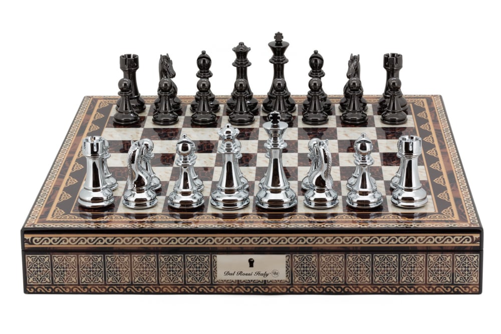 Dal Rossi Italy Chess Box Mosaic Finish 20" with compartments with Silver & Titanium Finish 101mm Double Weighted Chess pieces-0