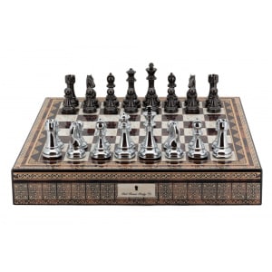 Dal Rossi Italy Chess Box Mosaic Finish 20" with compartments with Silver & Titanium Finish 101mm Chess pieces-2062