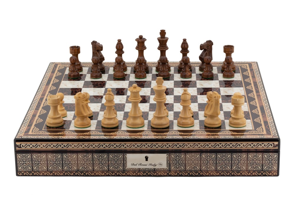 Dal Rossi Italy Chess Box Mosaic Finish 20" with compartments with Staunton Wooden 95mm Double weighted Chess pieces -0