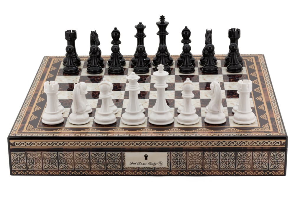 Dal Rossi Italy Chess Box Mosaic Finish 20" with compartments with Black & White Finish 101mm Double weighted Chess pieces-0
