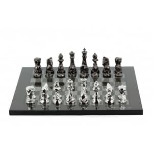 Dal Rossi Italy Chess Set with Diamond-Cut Titanium & Silver 85mm chessmen on a Carbon Fibre Shiny Finish Chess Board16” -0