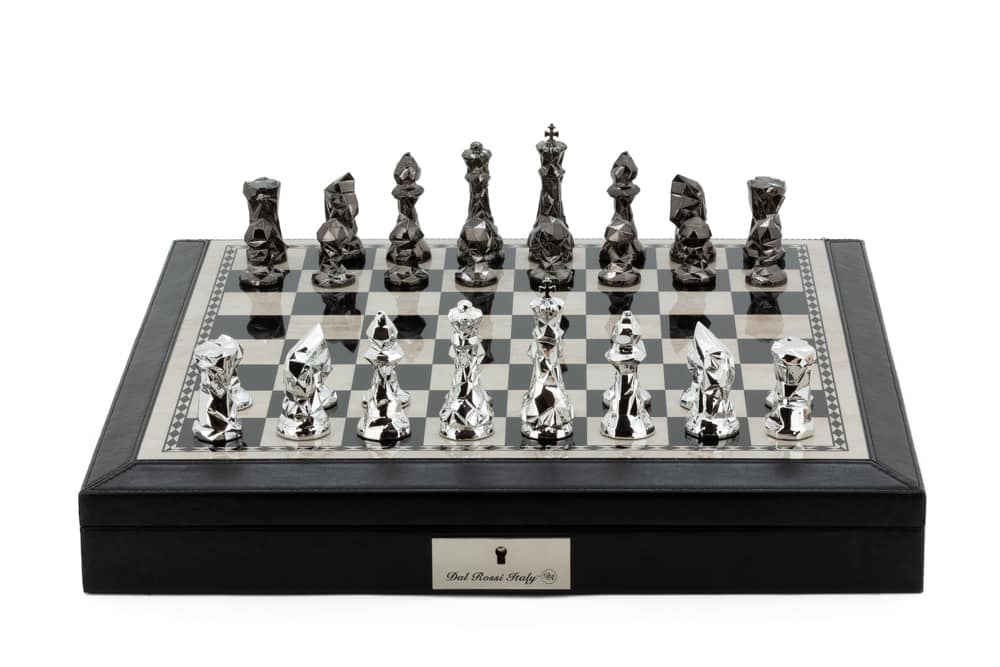 Dal Rossi Italy Black PU Leather Bevelled Edge chess box with compartments 18" with Diamond-Cut Titanium & Silver Finish Chessmen-0