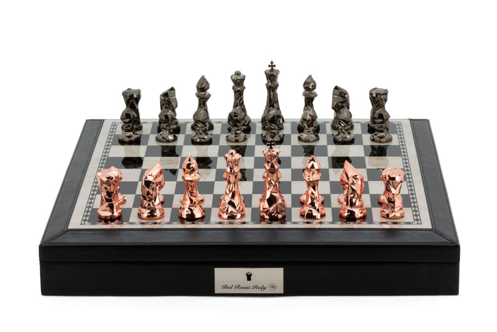 Dal Rossi Italy Black PU Leather Bevelled Edge chess box with compartments 18" with Diamond-Cut Copper & Bronze Finish Chessmen-0