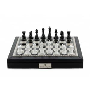 Dal Rossi Italy Black PU Leather Bevelled Edge chess box with compartments 18" with Diamond-Cut Black & White Finish Chessmen-0