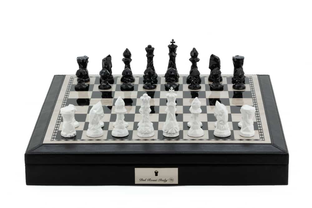 Dal Rossi Italy Black PU Leather Bevelled Edge chess box with compartments 18" with Diamond-Cut Black & White Finish Chessmen-0